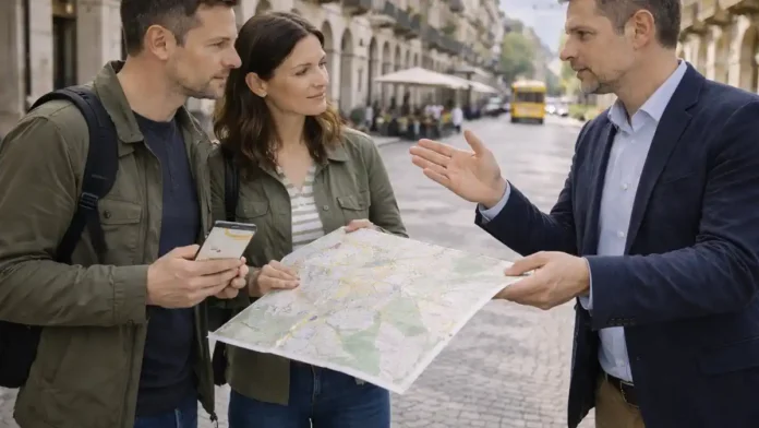 gde-zhit-v-pemonte-goroda-turin-asti-novara Где жить в Пьемонте: Турин, Новара, Асти и лучшие города региона Дневной городской коллаж без текста: спокойная улица Турина с аркадами, на заднем плане силуэты альпийских холмов Пьемонта, на переднем плане пара 30–45 лет обсуждает карту и районы для жизни, рядом нейтральный специалист показывает варианты, современная Италия.