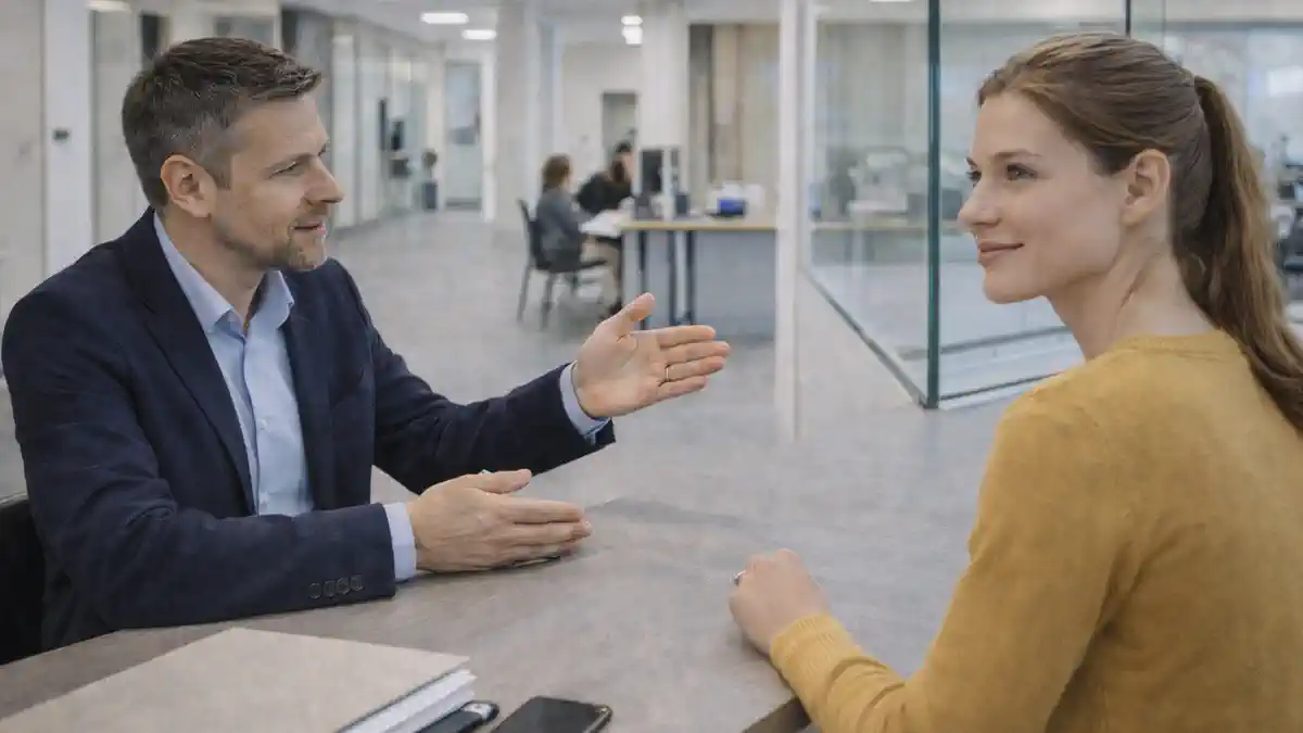 Иммиграционные офисы Турина 2025: запись, документы и получение ВНЖ современном офисе в Турине: посетитель с папкой документов у стойки информации, сотрудник объясняет порядок записи и выдачи, без логотипов и текста