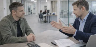 IRPEF в Италии: ставки, кто платит, декларация 730 и Redditi, льготы и штрафы IRPEF в Италии: ставки налога, декларация 730 и Redditi PF, вычеты и штрафы Сцена в современном офисе в Турине: человек заполняет налоговые документы, рядом калькулятор и ноутбук, консультант объясняет по пунктам ставки и вычеты