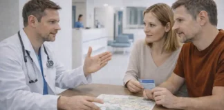 Медицинская помощь в Италии для иностранцев: ASL, SSN, Tessera Sanitaria, STP и запись к врачам Медицинская помощь в Италии для иностранцев: ASL и Tessera Sanitaria Современный нейтральный интерьер медцентра в Италии, на переднем плане стол с документами без читаемых данных и медицинской картой