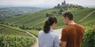 Монферрато и Ланге: замки, трюфели и вино в Пьемонте Монферрато и Ланге в Пьемонте: замки, трюфели и вино Панорамный вид на холмы Ланге в Пьемонте, виноградники, небольшое борго на гребне, атмосфера винного