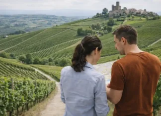 Монферрато и Ланге: замки, трюфели и вино в Пьемонте Монферрато и Ланге в Пьемонте: замки, трюфели и вино Панорамный вид на холмы Ланге в Пьемонте, виноградники, небольшое борго на гребне, атмосфера винного