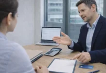 Налоговая система Италии в 2026: IRPEF, НДС, налоги для Partita IVA и способы платить меньше законно Налоговая система Италии 2026 IRPEF НДС Partita IVA Современный кабинет консультанта в Италии: на столе документы без читаемых данных, калькулятор, ноутбук и чек-лист, специалист объясняет человеку схему налогов и вычетов