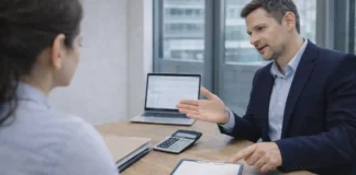 Налоговая система Италии в 2026: IRPEF, НДС, налоги для Partita IVA и способы платить меньше законно Налоговая система Италии 2026 IRPEF НДС Partita IVA Современный кабинет консультанта в Италии: на столе документы без читаемых данных, калькулятор, ноутбук и чек-лист, специалист объясняет человеку схему налогов и вычетов