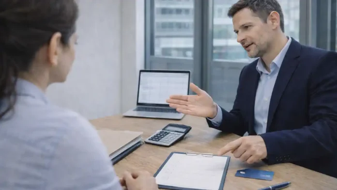 Налоговая система Италии 2026 IRPEF НДС Partita IVA Современный кабинет консультанта в Италии: на столе документы без читаемых данных, калькулятор, ноутбук и чек-лист, специалист объясняет человеку схему налогов и вычетов