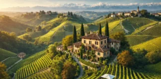 Недвижимость в Пьемонте 2026: продажа квартир, домов и вилл, цены по зонам и как купить безопасно Вид на холмы Ланге с виноградниками и загородными домами в Пьемонте, Италия