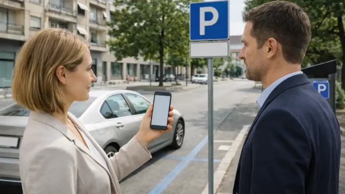 Парковка в Италии 2026: оплата парковки и штрафов Современная городская улица в Италии, водитель проверяет оплату парковки через приложение рядом с паркоматом и дорожным знаком платной зоны