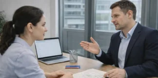 Partita IVA в Турине: как открыть, какие документы нужны, налоги и сроки Partita IVA в Турине - регистрация и документы Турин, дневной свет, спокойная деловая сцена: человек 30–45 лет обсуждает открытие Partita IVA со специалистом, на столе документы