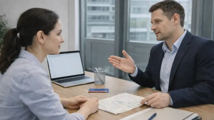 partita-iva-turin-italia Partita IVA в Турине - регистрация и документы Турин, дневной свет, спокойная деловая сцена: человек 30–45 лет обсуждает открытие Partita IVA со специалистом, на столе документы