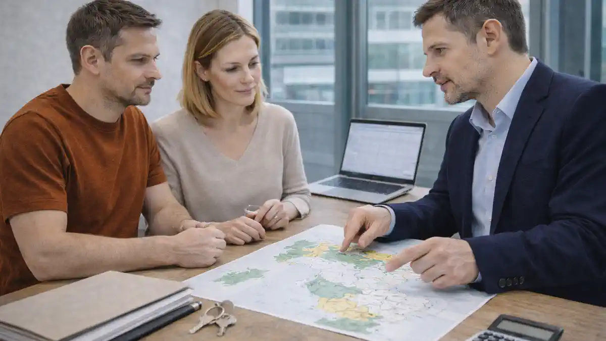 Пьемонт или Ломбардия: где лучше жить и инвестировать в недвижимость Современная сцена в Италии, где пара обсуждает покупку жилья и сравнивает регионы на карте