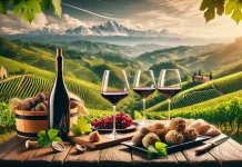 Пьемонт – регион на севере Италии: чем он привлекателен для жизни и путешествий? Вид на виноградники Пьемонта с заснеженными Альпами на горизонте на переднем плане вино и трюфели