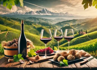 Пьемонт – регион на севере Италии: чем он привлекателен для жизни и путешествий? Вид на виноградники Пьемонта с заснеженными Альпами на горизонте на переднем плане вино и трюфели