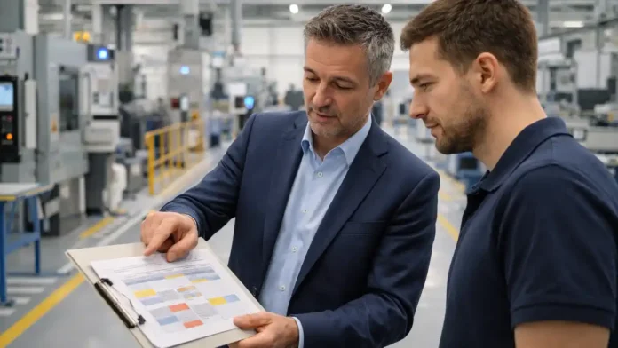 Вакансии в Италии с зарплатой до 3500 евро на производстве Современный производственный цех в Италии, менеджер показывает кандидату условия работы и график