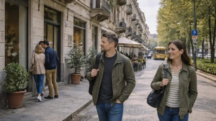 Турин, район Аврора. На переднем плане спокойная улица с типичными домами старого фонда, аккуратные фасады, несколько прохожих 30–45 лет