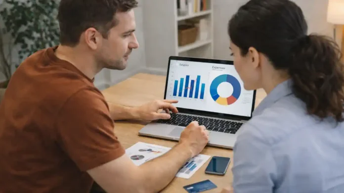 Средняя зарплата в Италии 2025 - реальные зарплаты и покупательная способность PPS Современная Италия, спокойная городская сцена без вывесок, человек сравнивает зарплаты и расходы на ноутбуке, акцент на “на руки” и покупательную способность