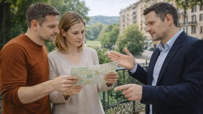 san-salvario-turin-raion-nedvizhimost Район Сан-Сальварио в Турине: улица у парка Валентино и жители обсуждают выбор квартиры выбор жилья в Сан-Сальварио: спокойная городская улица рядом с зелёной зоной, пара и специалист обсуждают район по карте, дневной свет, современная Италия.