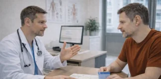 Семейный врач в Турине: как выбрать, прикрепиться и сменить врача в Италии без нервов Семейный врач в Турине объясняет пациенту порядок записи и рецепты, документы на столе Премиальный фотореалистичный кадр 16:9: кабинет семейного врача в Турине, врач и пациент обсуждают прикрепление и рецепты