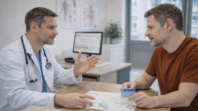 semeynyi-vrach-turin-italia-2026 Семейный врач в Турине объясняет пациенту порядок записи и рецепты, документы на столе Премиальный фотореалистичный кадр 16:9: кабинет семейного врача в Турине, врач и пациент обсуждают прикрепление и рецепты