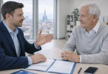 Социальная пенсия в Италии в 2025 году: есть ли она и кто может получить assegno sociale Социальная пенсия в Италии 2025: консультация по assegno sociale Консультация в Италии по вопросам assegno sociale: пожилой человек и специалист обсуждают документы и выплаты в спокойной офисной обстановке