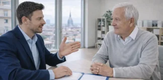 Социальная пенсия в Италии в 2025 году: есть ли она и кто может получить assegno sociale Социальная пенсия в Италии 2025: консультация по assegno sociale Консультация в Италии по вопросам assegno sociale: пожилой человек и специалист обсуждают документы и выплаты в спокойной офисной обстановке