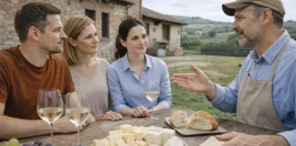 Лучшие сыроварни Пьемонта: где попробовать и где купить настоящий итальянский сыр Лучшие сыроварни Пьемонта - где купить местные сыры Дегустация сыра на ферме в Пьемонте: туристы пробуют местные сыры, рядом стол с сырной тарелкой и виноградом, спокойная атмосфера