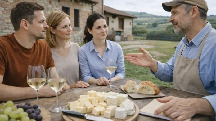 Лучшие сыроварни Пьемонта - где купить местные сыры Дегустация сыра на ферме в Пьемонте: туристы пробуют местные сыры, рядом стол с сырной тарелкой и виноградом, спокойная атмосфера