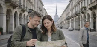 Турин глазами туристов: 11 скрытых жемчужин, которые стоит увидеть Турин глазами туристов: скрытые жемчужины города и прогулка по центру днем Премиальный фотореалистичный кадр Турина днем: аркады, элегантная улица в центре, туристическая пара рассматривает карту, атмосфера спокойной прогулки, без толпы