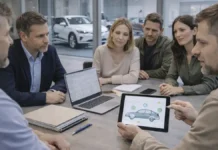 Турин, BYD и FIAT: что будет с автопромом и рабочими местами после закрытия заводов BYD в Турине: встреча с поставщиками и будущее автопрома Современная деловая сцена в Турине на фоне автомобильной темы: переговоры с поставщиками, ноутбуки и документы на столе, нейтральная атмосфера