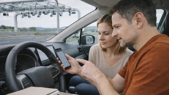 turin-free-flow-2026-a55-torino-pinerolo Туринская окружная A55: электронные порталы Free Flow и водитель проверяет оплату в приложении переход на Free Flow на туринской окружной: вид на современную автомагистраль с электронным порталом, водитель и пассажир смотрят на телефон с оплатой проезда