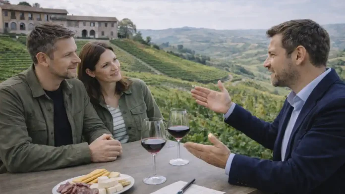 vinnyj-turizm-piemont Винный туризм в Пьемонте - дегустация вина на фоне холмов Ланге Дегустация вин Пьемонта в Ланге: бокалы красного вина, виноградники на холмах, уютная атмосфера винодельни, путешествие по региону Бароло и Барбареско