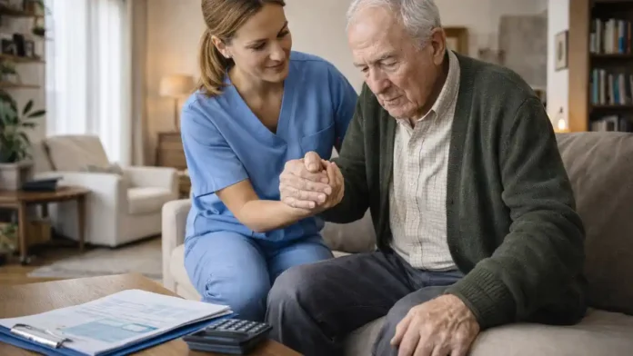 zarplata-sidelki-badante-italia-2025 Зарплата сиделки в Италии 2025: таблицы ставок и уровней badante Светлый современный интерьер, спокойная бытовая сцена ухода за пожилым человеком, аккуратная атмосфера