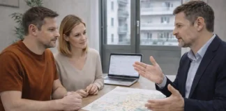 Жизнь в Пьемонте: работа, медицина, школы, налоги и реальные расходы в 2026 Жизнь в Пьемонте: семья обсуждает переезд в Турин с консультантом, документы и карта на столе переезд в Пьемонт: семья и специалист обсуждают план жизни в Турине, на столе документы и ноутбук