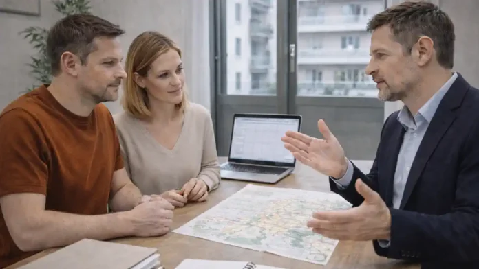 Жизнь в Пьемонте: семья обсуждает переезд в Турин с консультантом, документы и карта на столе переезд в Пьемонт: семья и специалист обсуждают план жизни в Турине, на столе документы и ноутбук