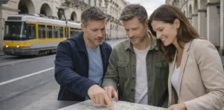 Административные округа Турина: структура, районы и функции Административные округа Турина - карта районов и circoscrizioni Премиальный фотореализм: современный Турин днем, люди сверяют карту районов и маршруты транспорта, спокойная городская атмосфера