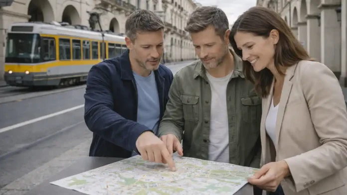 Административные округа Турина - карта районов и circoscrizioni Премиальный фотореализм: современный Турин днем, люди сверяют карту районов и маршруты транспорта, спокойная городская атмосфера