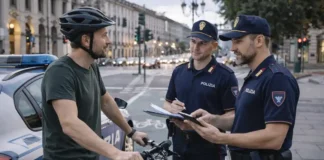 Алкоголь на велосипеде в Италии: штрафы, арест и что многие узнают слишком поздно Проверка велосипедиста на алкоголь в Италии или вечерний городской перекресток в Италии, полицейский патруль проверяет велосипедиста после ресторана, спокойная реалистичная сцена без агрессии, акцент на безопасности