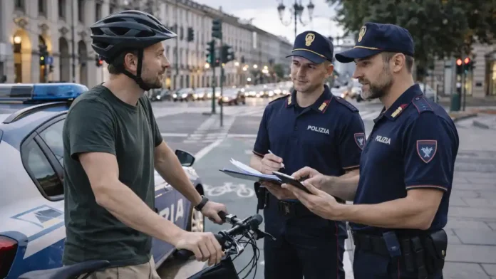 Проверка велосипедиста на алкоголь в Италии или вечерний городской перекресток в Италии, полицейский патруль проверяет велосипедиста после ресторана, спокойная реалистичная сцена без агрессии, акцент на безопасности