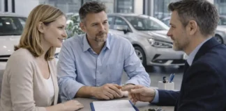 Авторынок Турина: как купить авто в Италии, БУ и с гарантией Покупка автомобиля в Турине: выбор БУ авто и проверка документов Сцена консультации по покупке автомобиля в Турине, выбор БУ авто, документы и ключи без читаемых данных