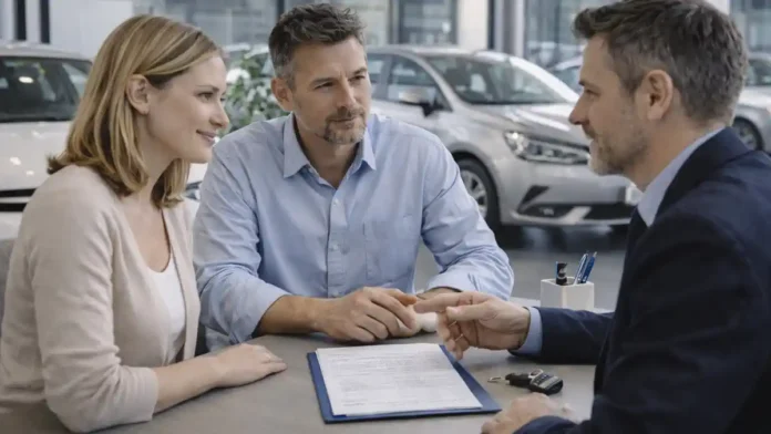 Покупка автомобиля в Турине: выбор БУ авто и проверка документов Сцена консультации по покупке автомобиля в Турине, выбор БУ авто, документы и ключи без читаемых данных