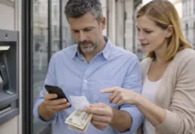 Банк просит вернуть наличные после банкомата в Италии: почему так бывает и как защитить себя Банкомат в Италии: что делать, если банк просит вернуть наличные Уличный банкомат банка в Италии днем, мужчина 30-45 лет проверяет уведомление в телефоне и держит чек, рядом женщина 30-40 лет спокойно подсказывает, нейтральная городская улица