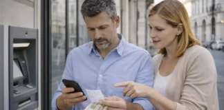 Банк просит вернуть наличные после банкомата в Италии: почему так бывает и как защитить себя Банкомат в Италии: что делать, если банк просит вернуть наличные Уличный банкомат банка в Италии днем, мужчина 30-45 лет проверяет уведомление в телефоне и держит чек, рядом женщина 30-40 лет спокойно подсказывает, нейтральная городская улица