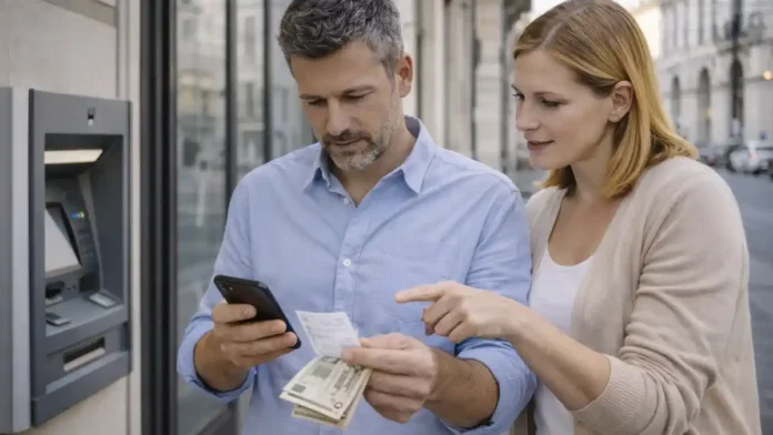 Банкомат в Италии: что делать, если банк просит вернуть наличные Уличный банкомат банка в Италии днем, мужчина 30-45 лет проверяет уведомление в телефоне и держит чек, рядом женщина 30-40 лет спокойно подсказывает, нейтральная городская улица