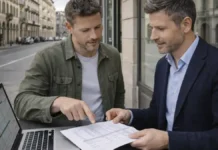 Инвестиции в недвижимость Турина в 2026: где искать квартиры продажа Torino, сколько можно заработать и как не попасть в риски Инвестиции в недвижимость Турина 2026 Современный Турин днём, инвестор и консультант по недвижимости обсуждают покупку квартиры и расчёт доходности, атмосфера деловая