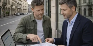 Инвестиции в недвижимость Турина в 2026: где искать квартиры продажа Torino, сколько можно заработать и как не попасть в риски Инвестиции в недвижимость Турина 2026 Современный Турин днём, инвестор и консультант по недвижимости обсуждают покупку квартиры и расчёт доходности, атмосфера деловая