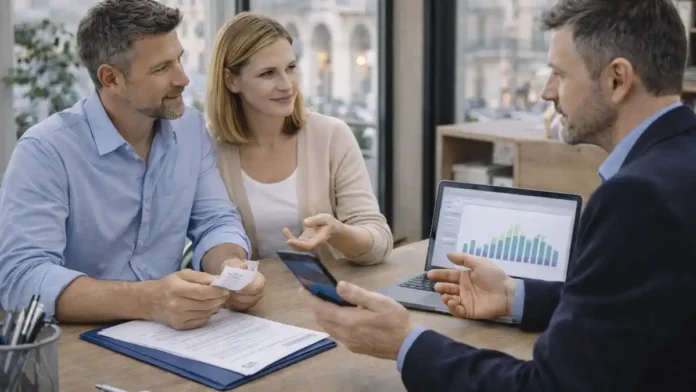 Лучшие компании Италии для работы - рейтинг работодателей и поиск вакансий Деловая сцена в Италии: кандидаты обсуждают карьерные возможности и список работодателей на ноутбуке, спокойная современная офисная атмосфера