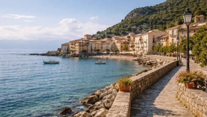 Манифест Вентотене и остров Вентотене - история идеи объединенной Европы Атмосферная, но нейтральная сцена: морской пейзаж итальянского острова, каменная набережная и тихая бухта, мягкий дневной свет, без людей или с мелкими силуэтами вдали