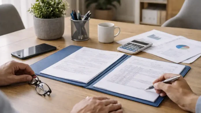 nasledstvo-italia-zaveshchanie-bank-turin Наследство в Италии - документы и банковские риски для семьи Нейтральная сцена: стол с папкой документов и банковскими выписками без читаемых данных, рука держит ручку над листом, спокойная домашняя атмосфера в Турине