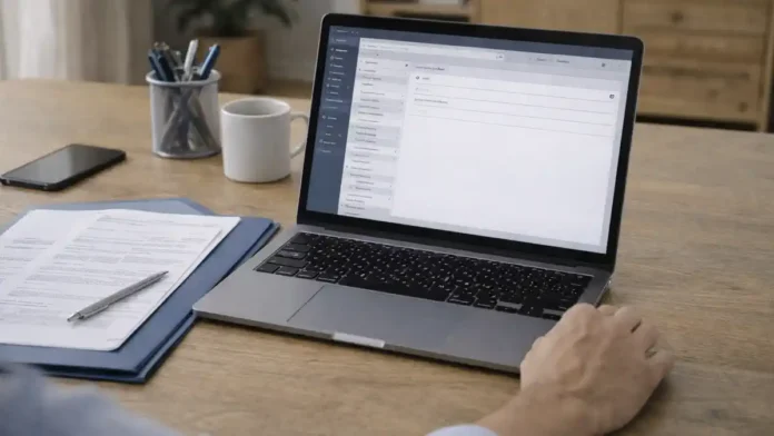pec-italia-domicilio-digitale-nalogi PEC в Италии и цифровой адрес для налоговых уведомлений Нейтральная рабочая сцена: ноутбук с открытой почтой без читаемого текста, рядом папка с документами и ручка, дневной свет
