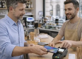 POS в Италии 2026: как платить картой и телефоном, что меняется для магазинов и покупателей POS-терминал в Италии и оплата телефоном Современная сцена оплаты в итальянском магазине: покупатель оплачивает телефоном через POS-терминал, на заднем плане витрина и касса, естественный дневной свет