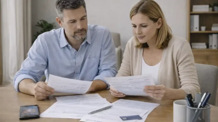 Проверка банковских операций в Италии: запрос по счету и документы Современный офис в Италии, человек проверяет уведомление по банковскому счету и раскладывает документы для ответа